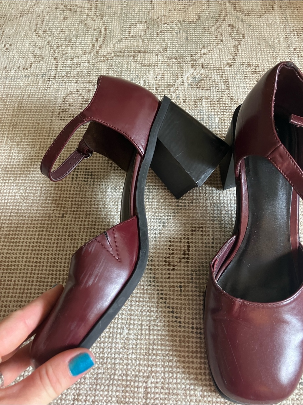 Seychelles Burgundy Square-Toe Mary Jane Heels with Ankle Strap - Picture 2 of 4
